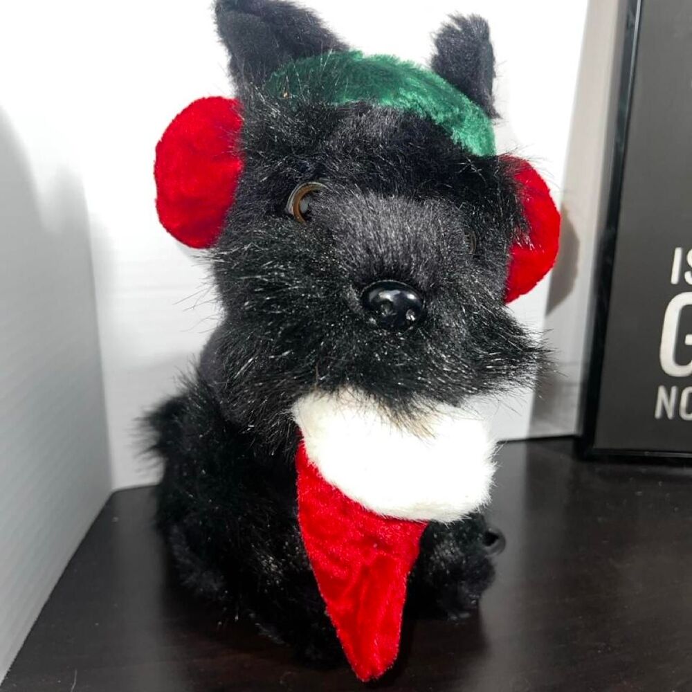 Vintage Dan Dee Black Terrier Dog Plush Red Earmuffs Scarf 12 in Christmas Decor
